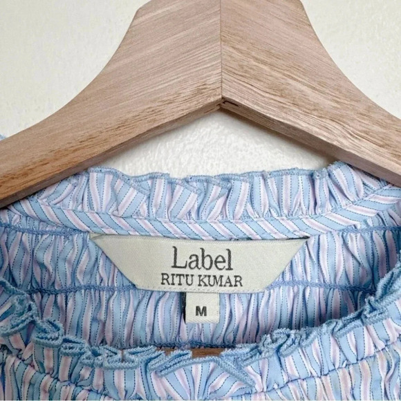 Label Ritu Kumar Womens  Medium Blue Pink Smocked Crop Top - Picture 7 of 11